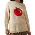 Women's beige round neck pullover sweater with jacquard pattern and long sleeves