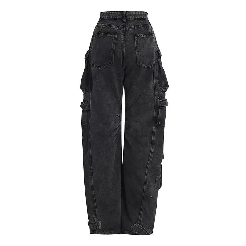 Women's blue tie-dyed high waist wide leg trousers with multiple pockets and street hipster styling