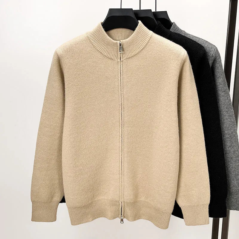 Men's stand collar knitted cardigan with front zipper in loose fit casual style