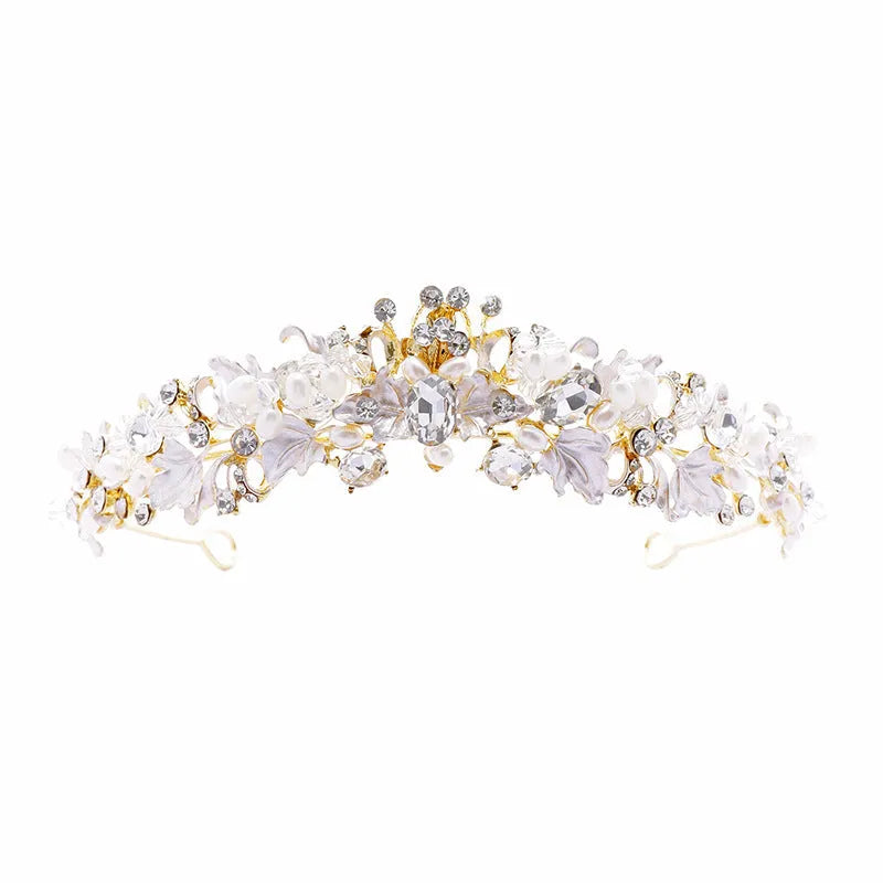 Gold and silver alloy pearl crown headdress with electroplated finish for women's wedding and birthday hair styling