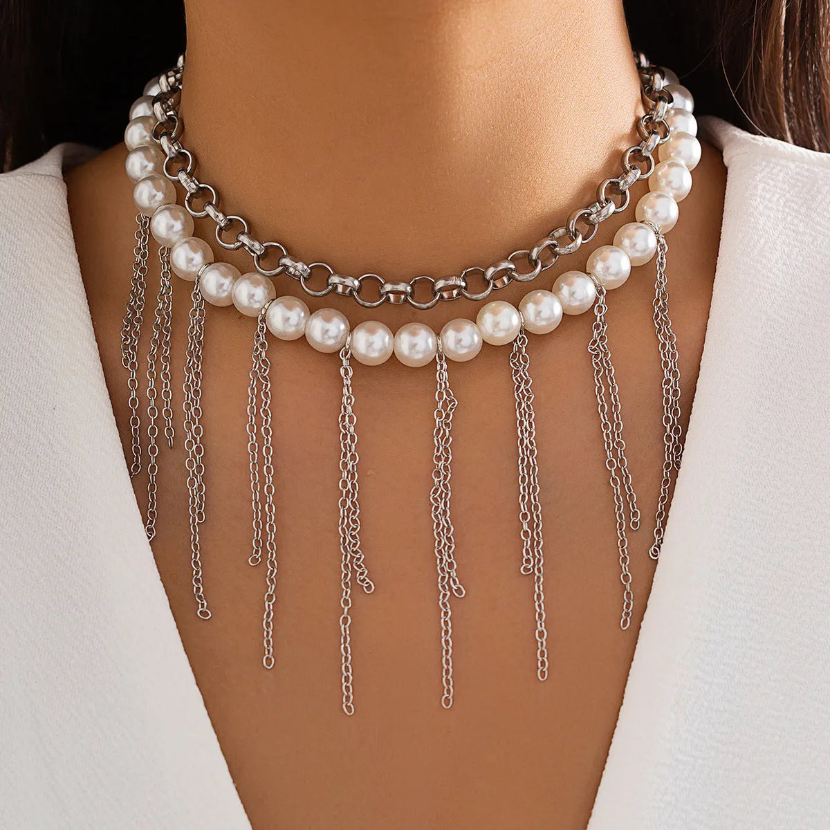 Double-layer retro necklace with imitation pearls, geometric iron pendant, tassel chain, and ball bead chain in White K finish