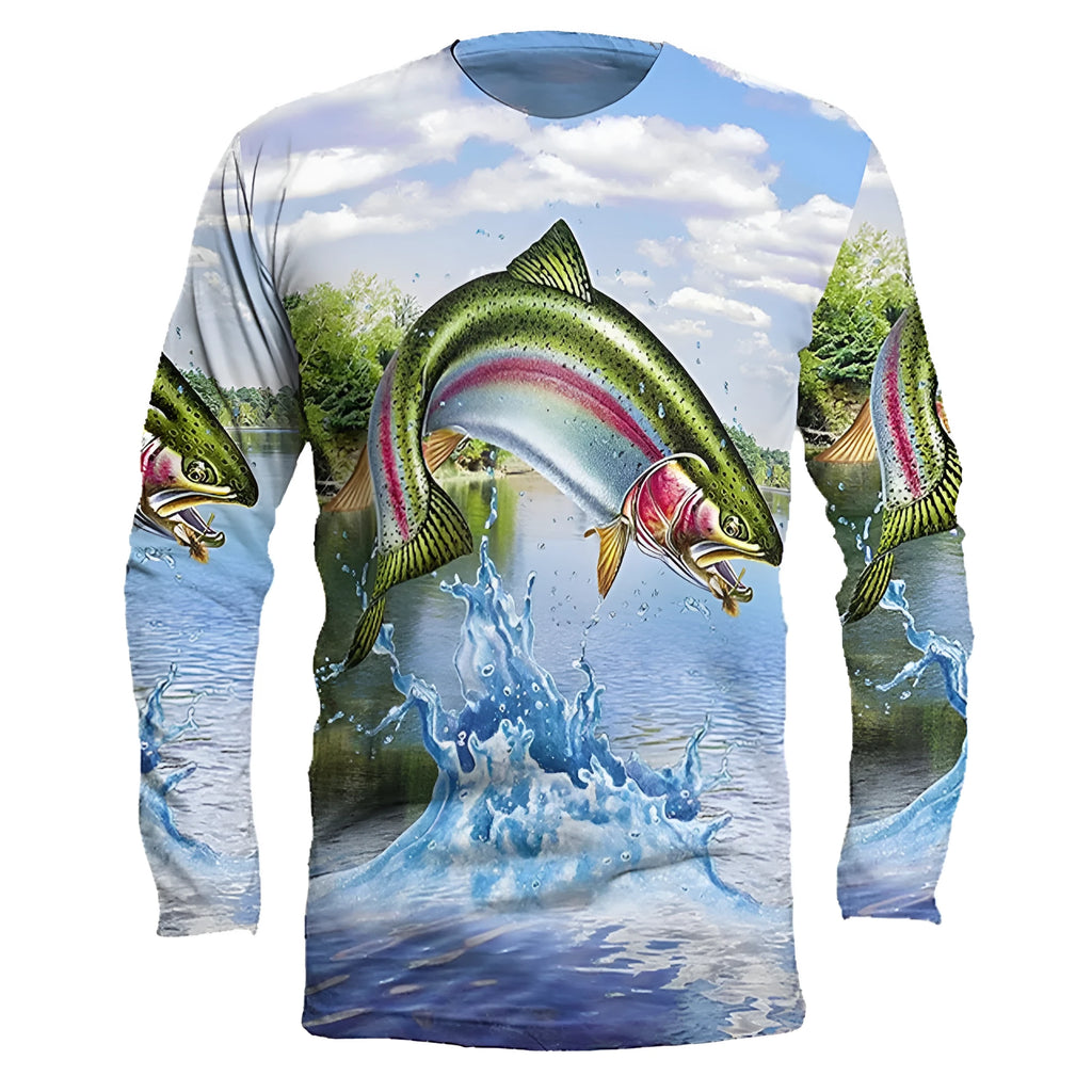 Men's grey round neck pullover with a colourful fish print design on the front, long sleeves.