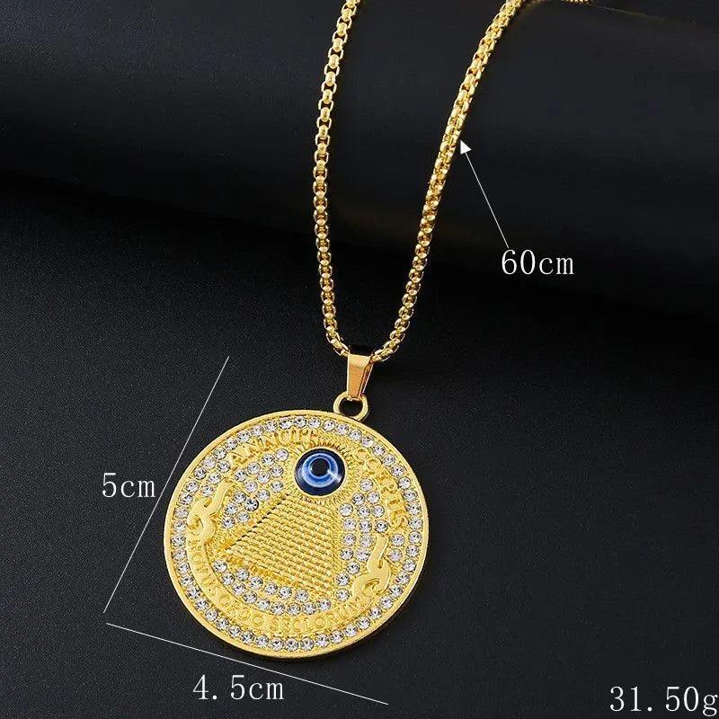 Geometric gold-colour alloy pendant necklace with an inlaid zircon stone centrepiece.