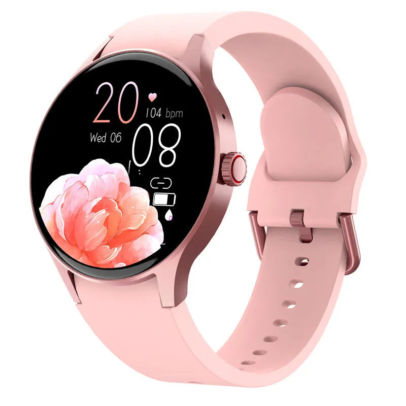 Black unisex smartwatch with a round 1.43-inch screen on a wrist, showing a fitness tracker display.