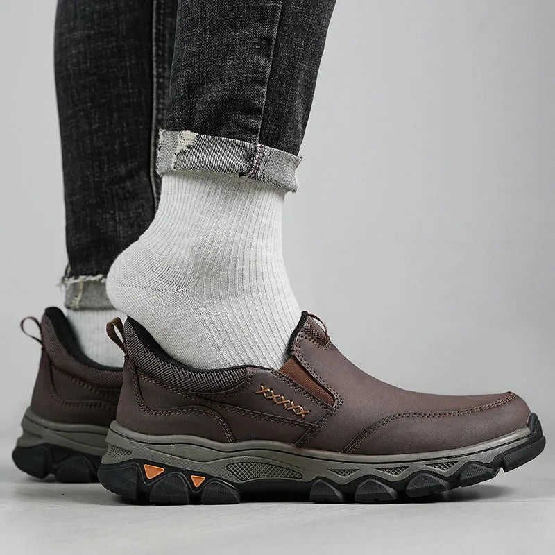 Men's dark brown casual leather shoes with round toe and rubber sole