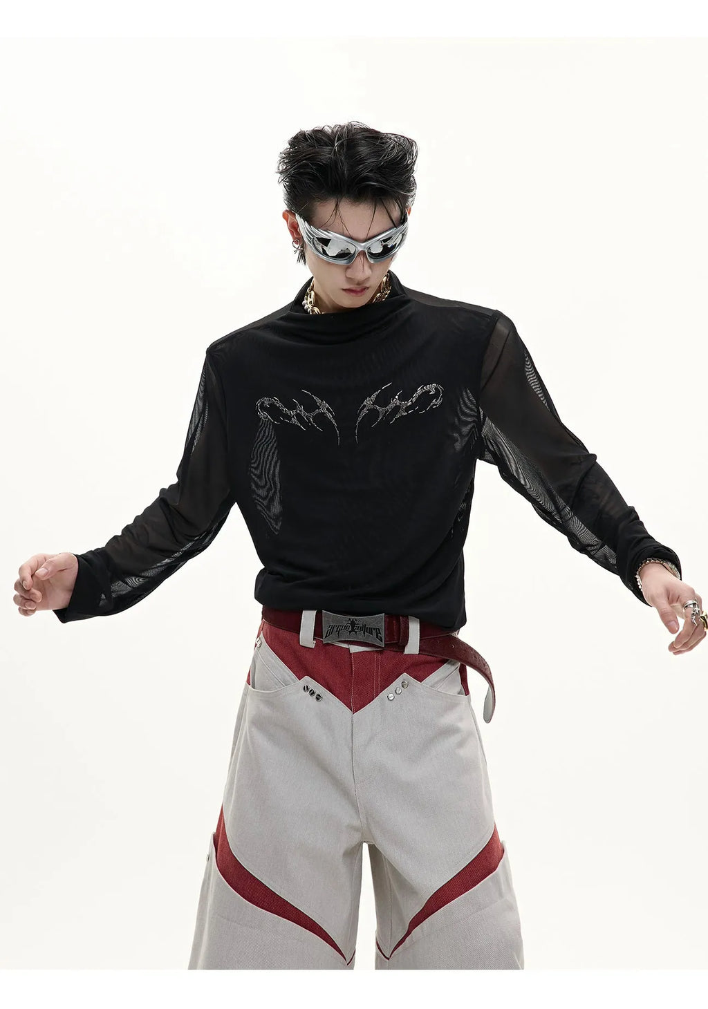 Slim fit long sleeve mesh shirt in black on a hanger, showing its lightweight texture and modern cut.