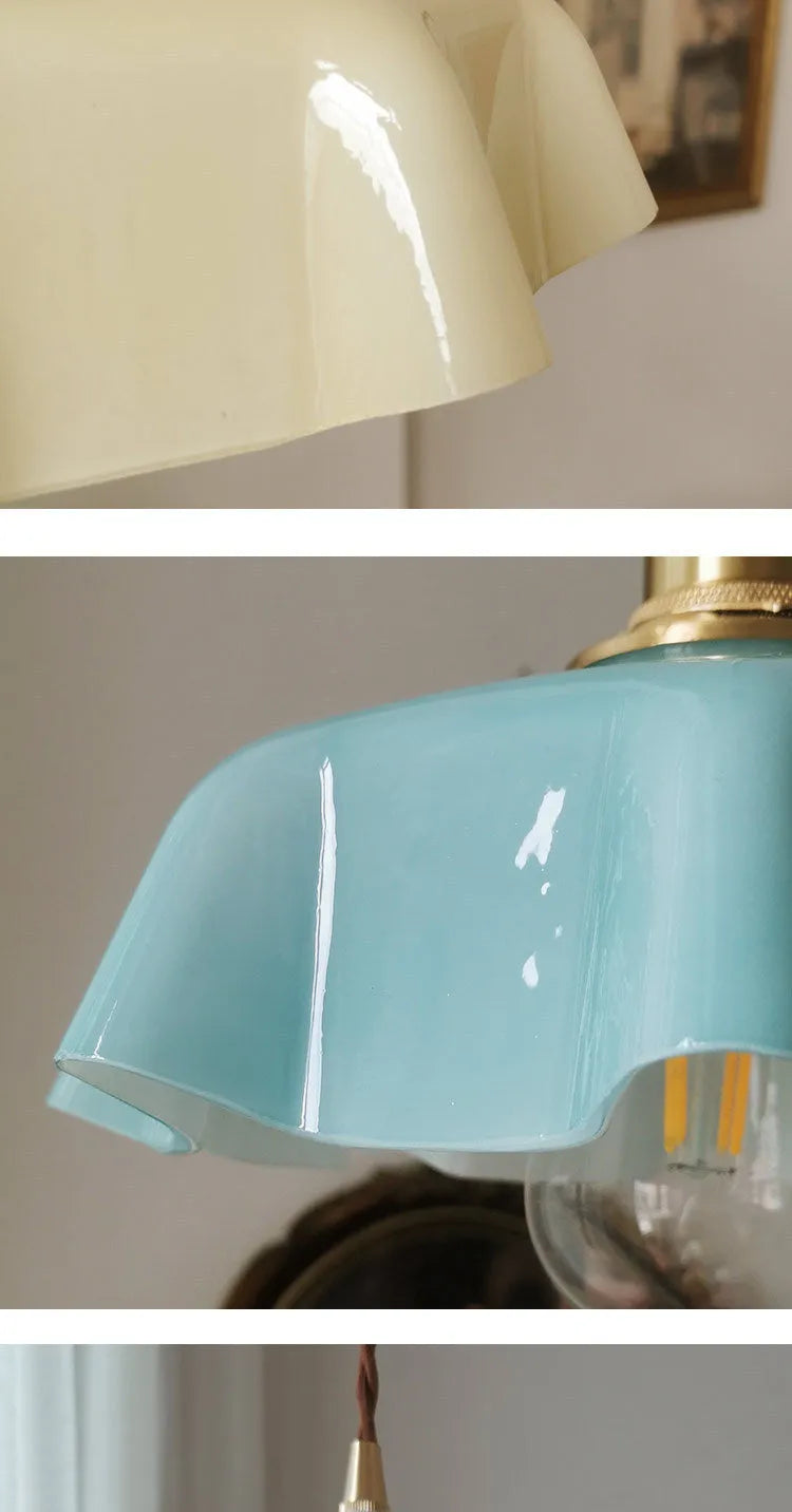 Medieval brass flower bud French chandelier with glass body and adjustable chain in light blue colour option