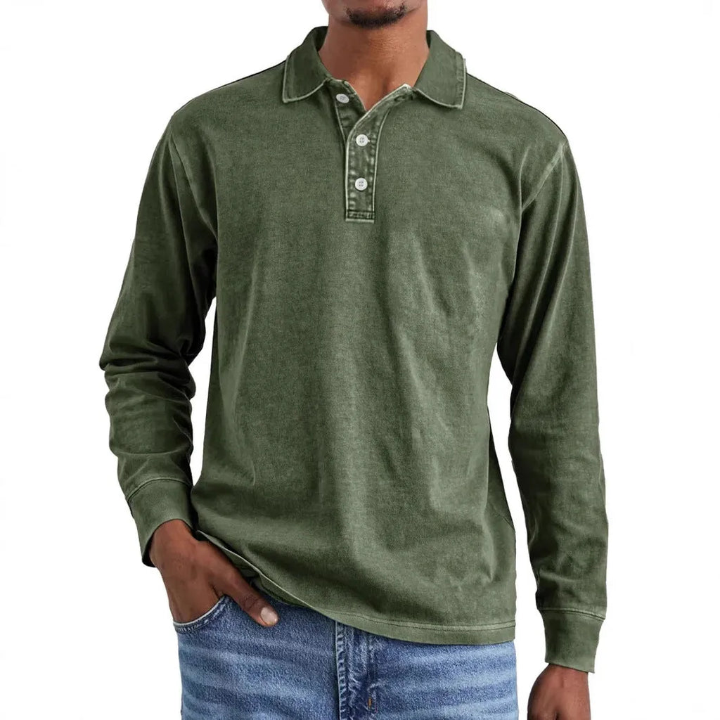 Men's retro washed distressed cotton lapel polo shirt in army green, long sleeves.