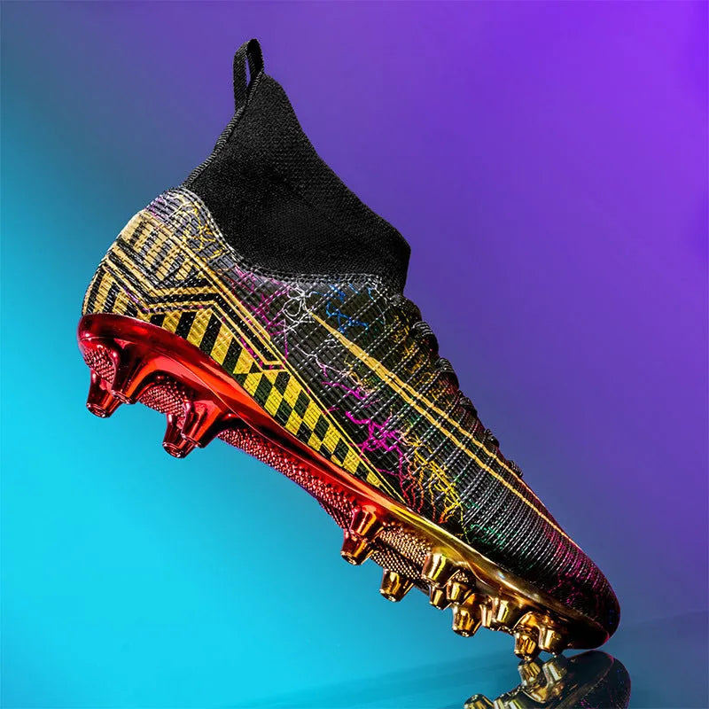 Men's high-top football training shoes with gold plated bottom on PVC sole, in white, black, and mandarin duck colours.