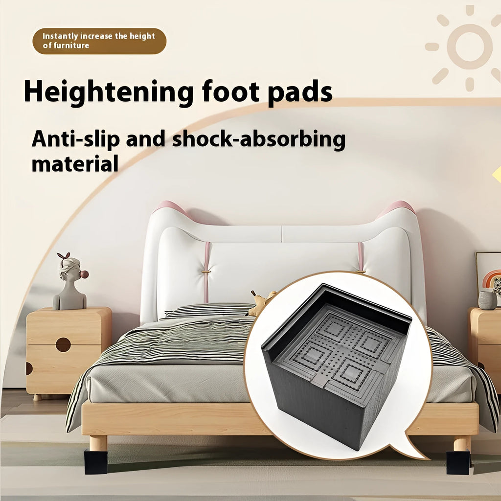 Four black plastic bed foot riser mats for furniture height increasing