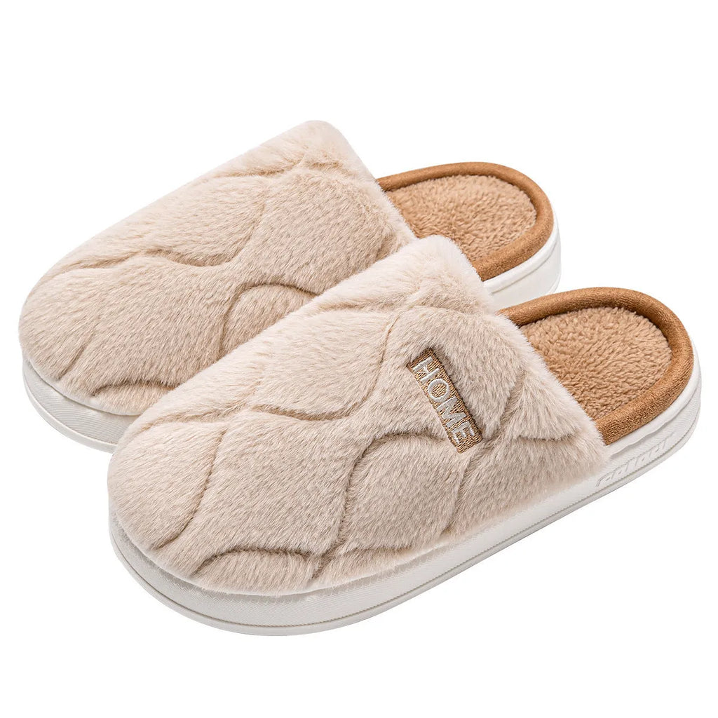 Plush indoor slippers in light gray with car stitching detail on the upper and PVC sole