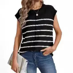 Women's striped sleeveless pullover top with bone stitching seam detailing in multiple colour options