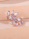 Adjustable horse eye design leaf ring in copper with zircon crystals, shown in a rose gold finish