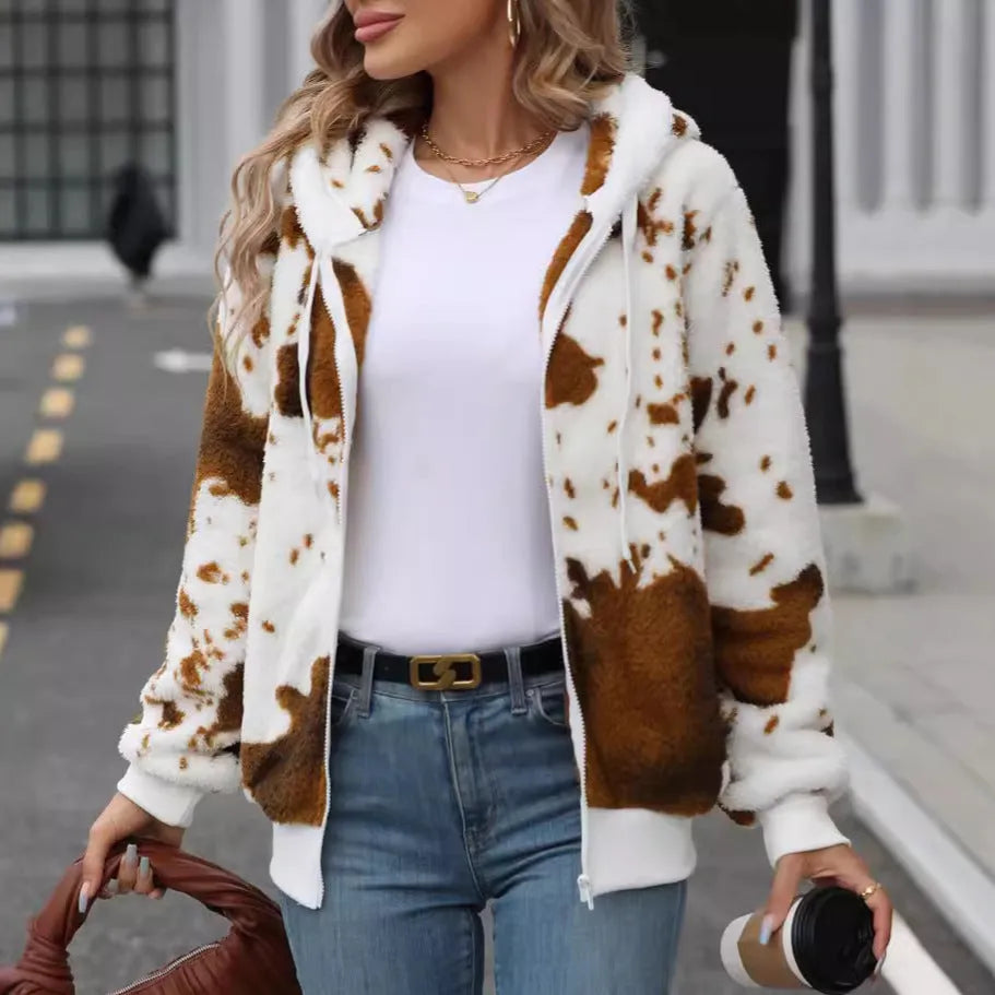 Yellow brown cow animal pattern printed cardigan jacket with hood and zip closure