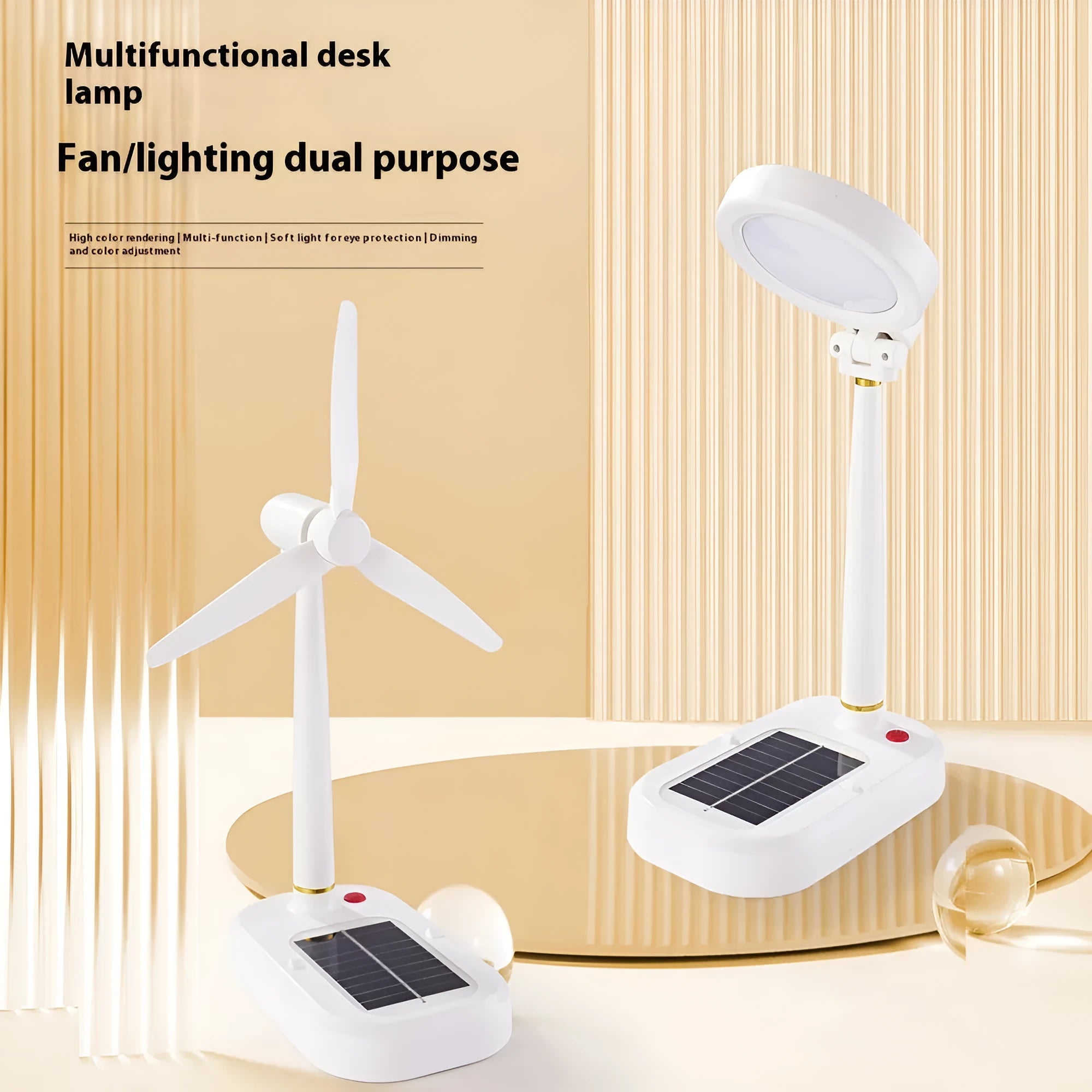 Ivory white solar charging table fan with integrated LED study lamp on desk