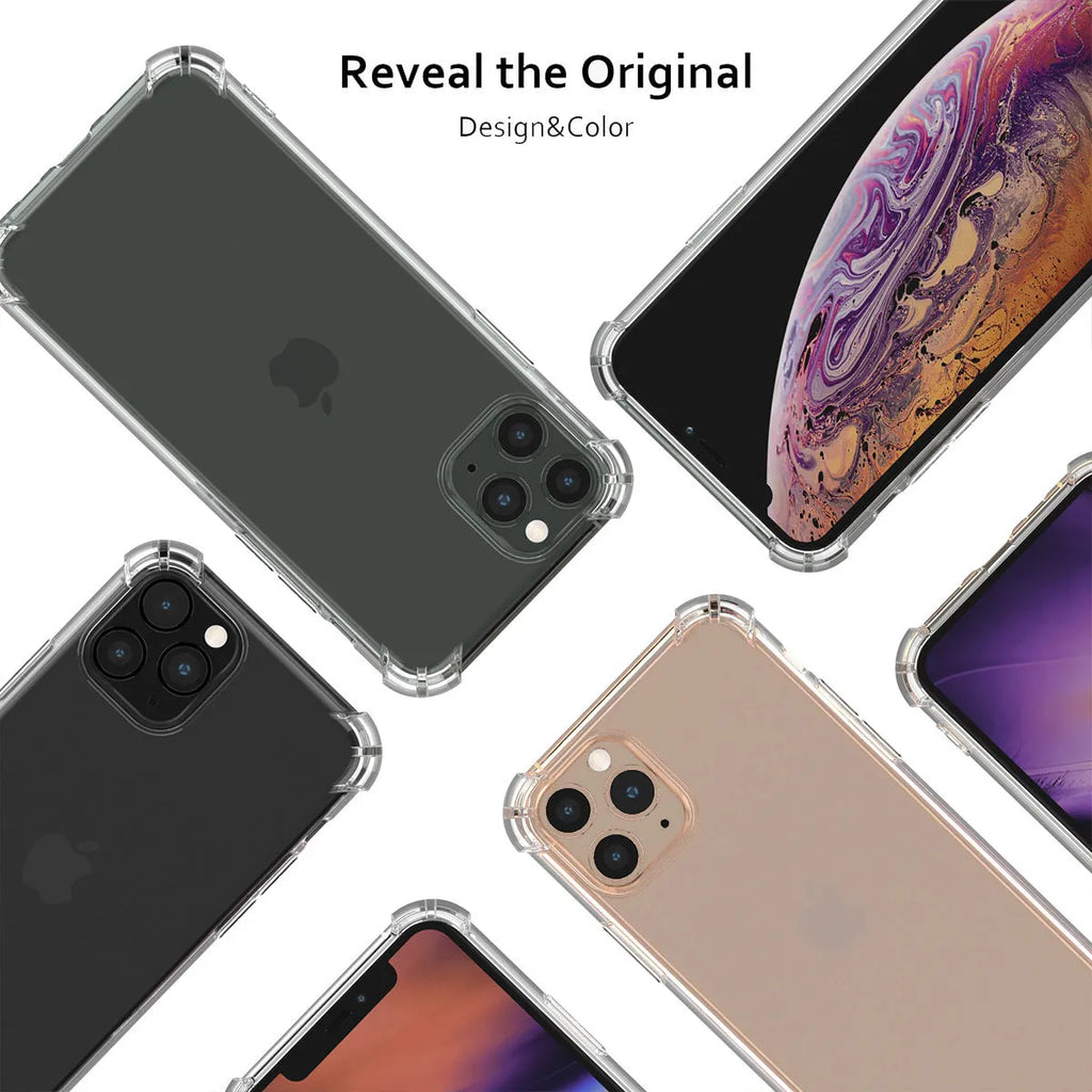 Clear transparent shockproof phone case for Apple iPhone models showing TPU material
