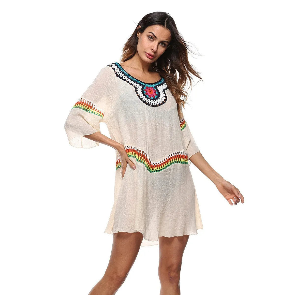 Women's crocheted polyester beach cover-up in apricot colour, shown as a sun protection top for swimming.