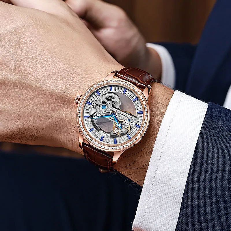 Men's zircon waterproof mechanical watch with transparent case back and multiple strap options