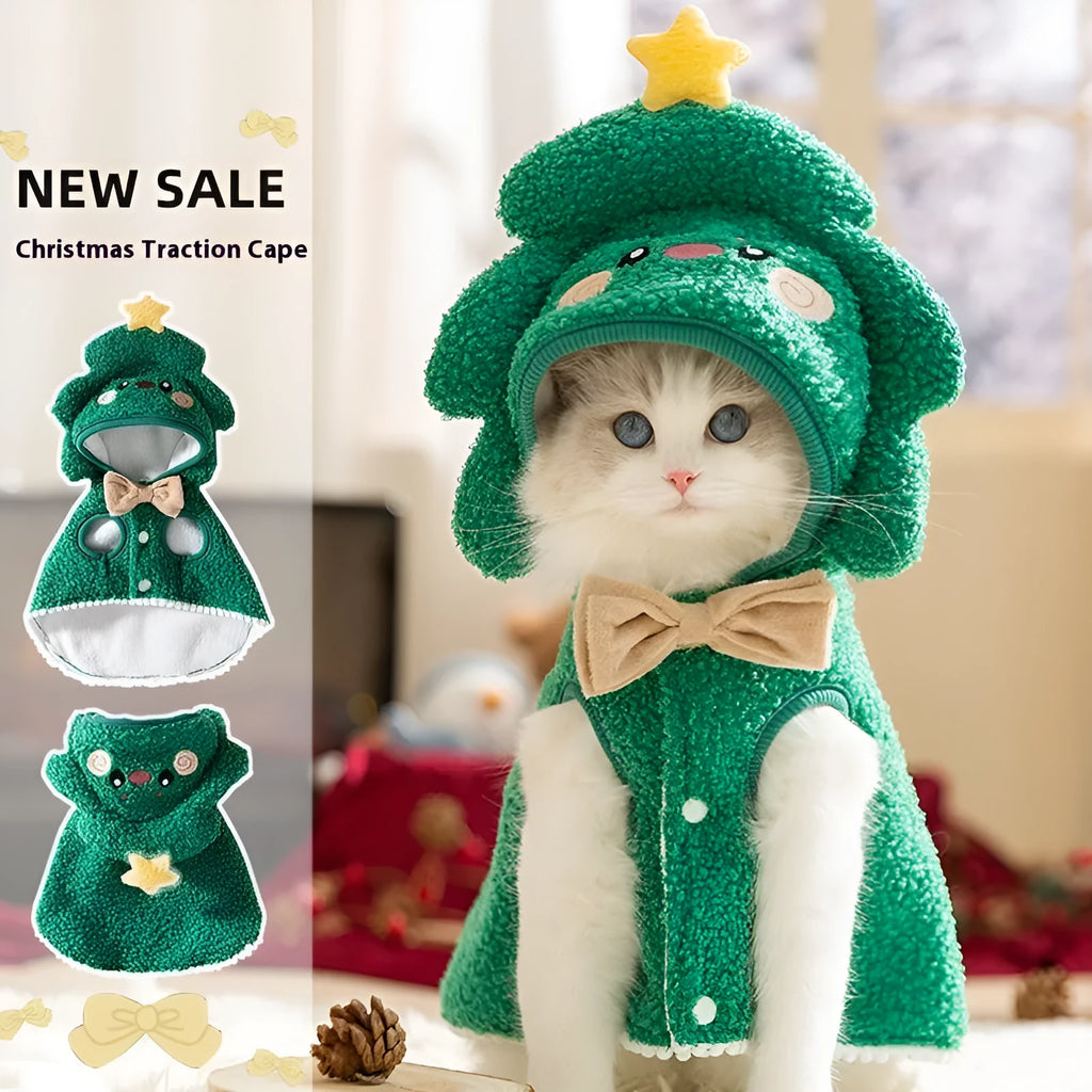 Cat autumn winter Christmas thickened elk cloak pet clothing polyester cartoon style brown green elk drawable