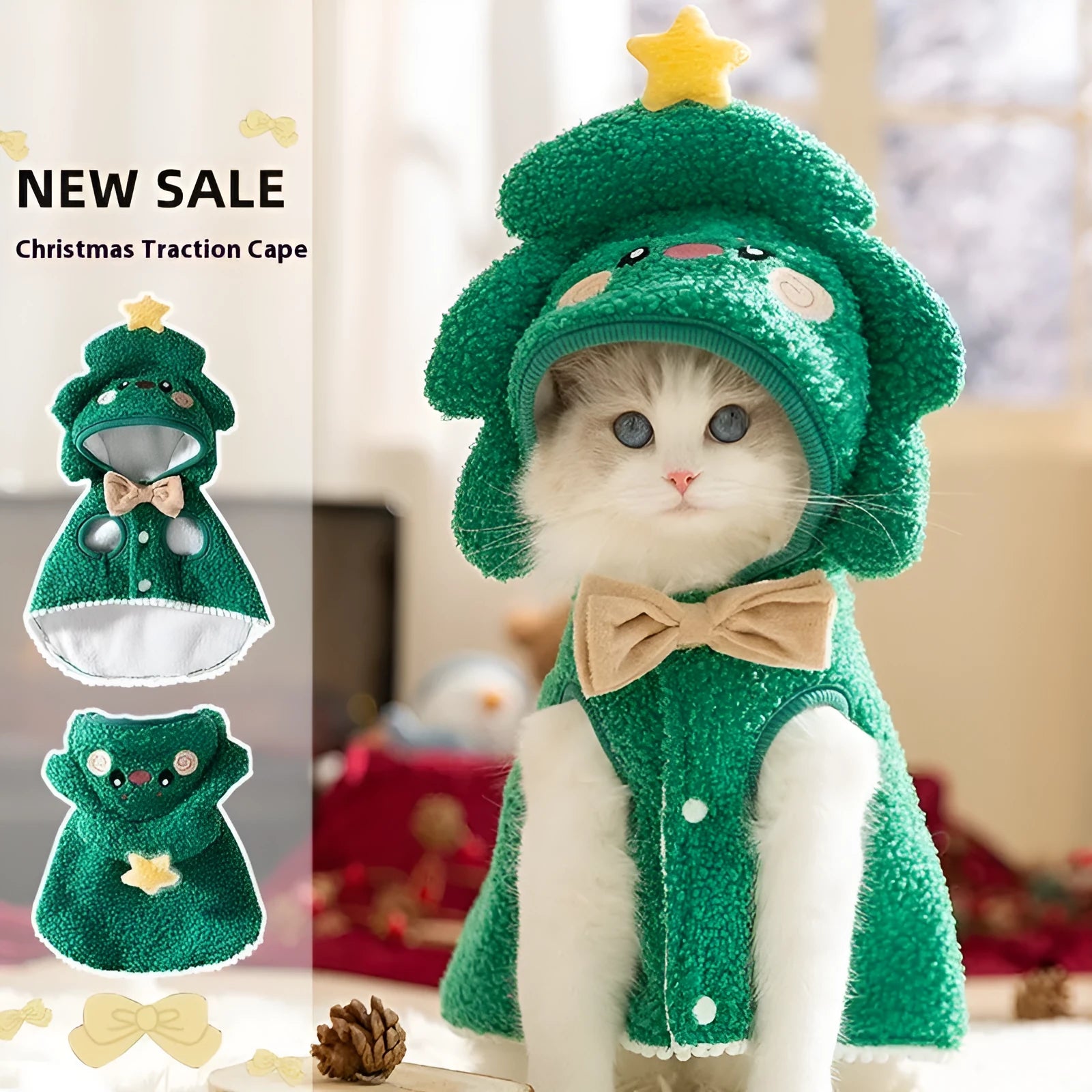 Cat autumn winter Christmas thickened elk cloak pet clothing polyester cartoon style brown green elk drawable