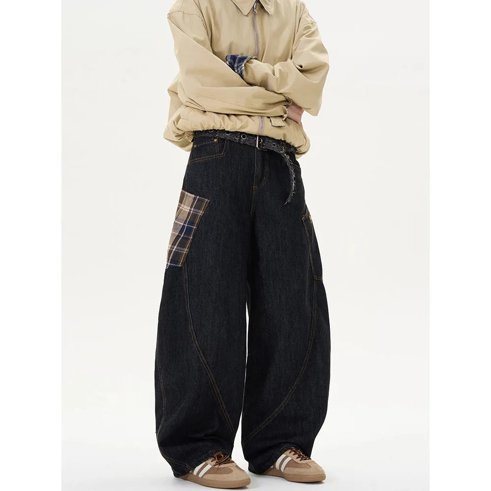 Loose retro casual pants in coffee plaid with mid-waist straight-leg fit, cotton blend material