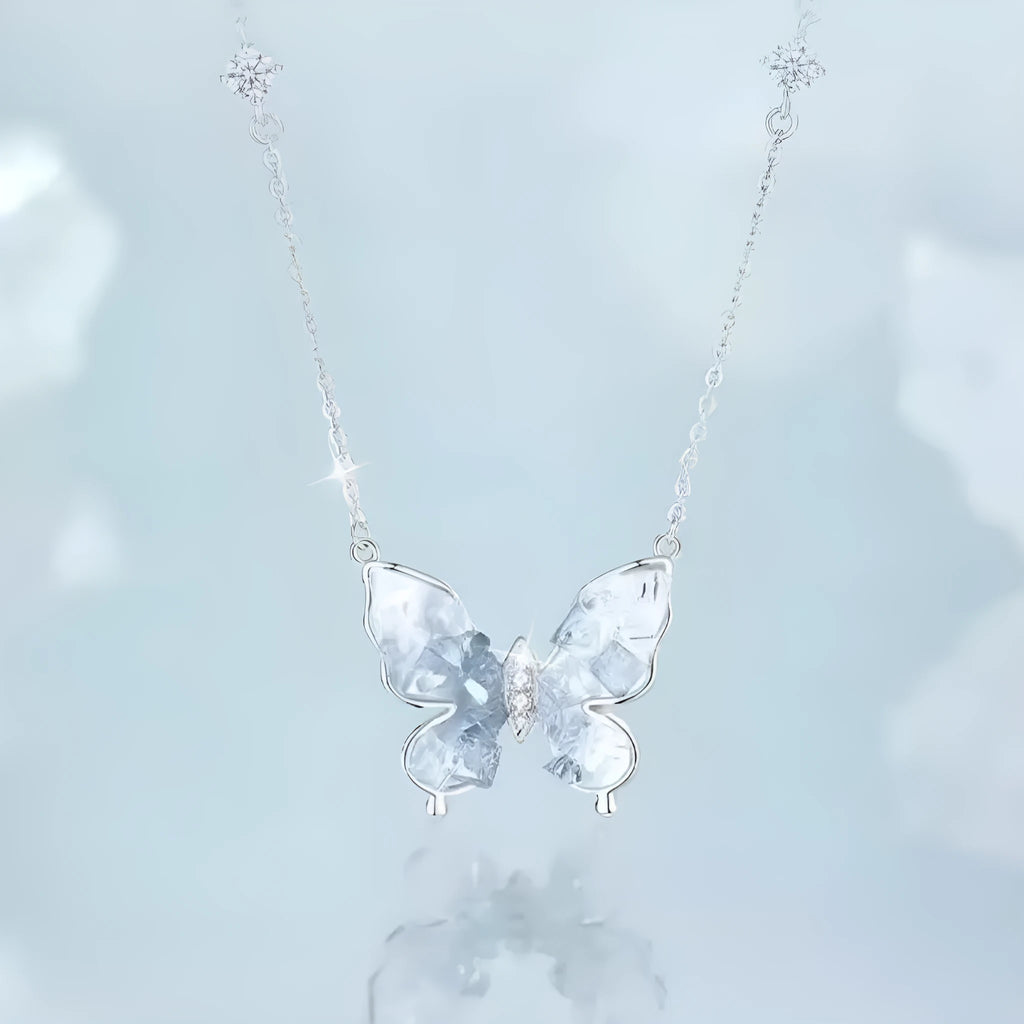 S925 silver necklace with a detailed ice rain style butterfly pendant on an adjustable O-ring chain.