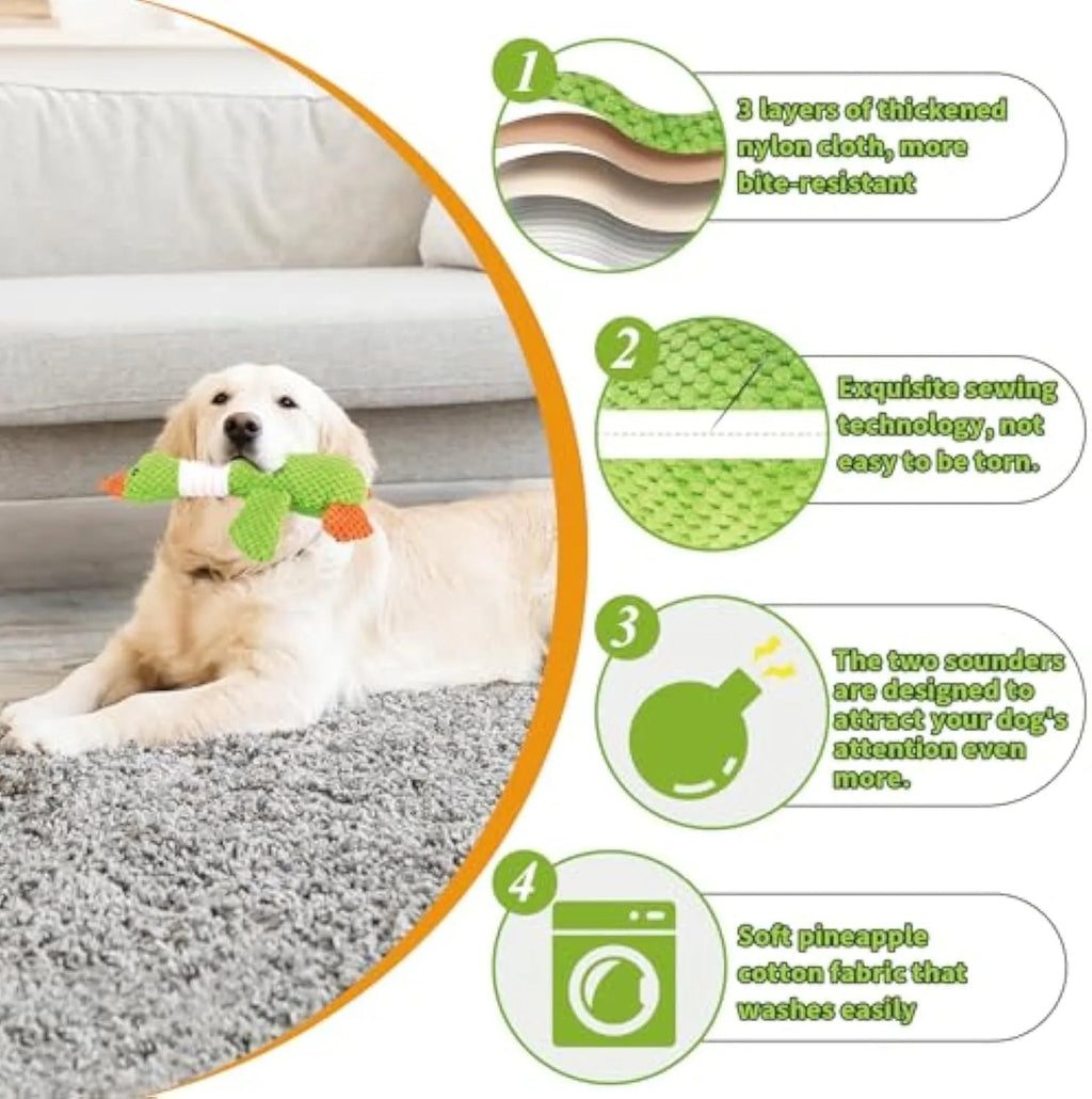 Blue, green or grey duck-shaped plush dog toy with two squeakers.