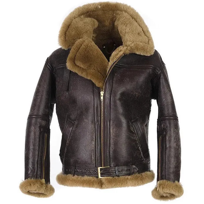 Men's brown synthetic leather fur coat with medium length and side pockets
