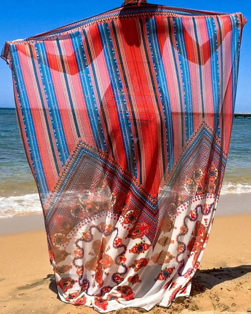 Women's three-piece swimsuit set with cutout blouse, high-waist briefs, and matching beach coat