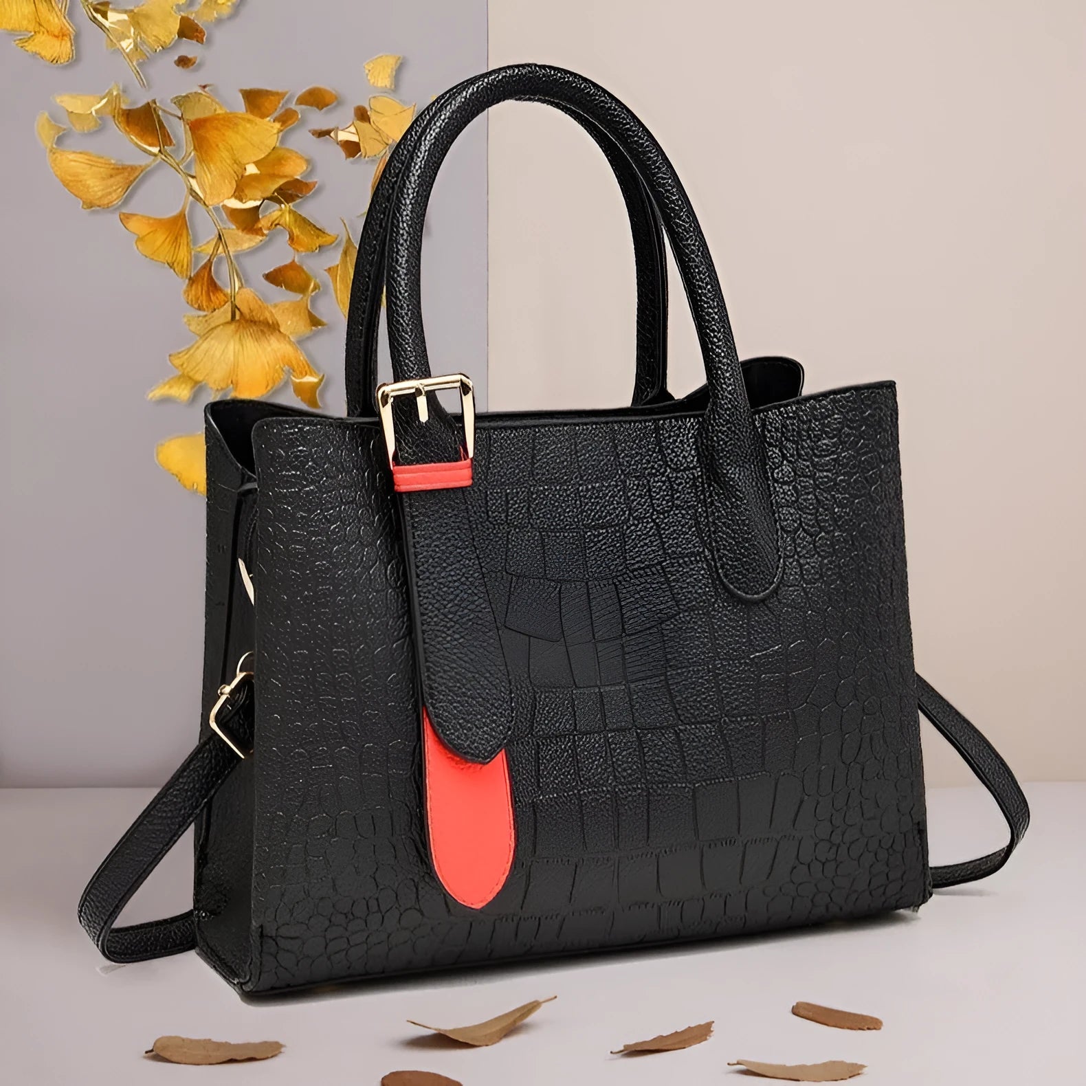 Urban simple shoulder messenger bag for women with crocodile pattern, square vertical shape, black PU leather, multiple compartments