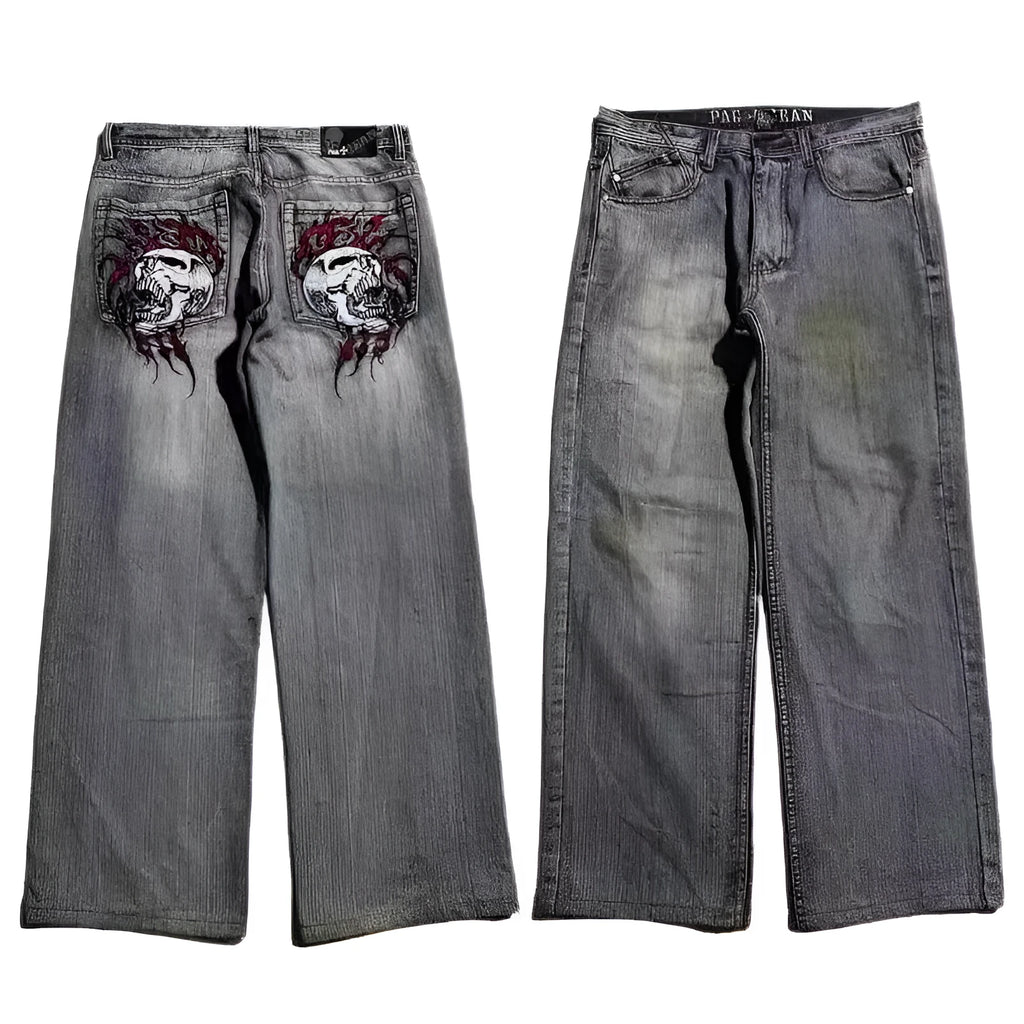 Men's gray American retro washed-out wide-leg denim jeans with mid waist and straight leg cut