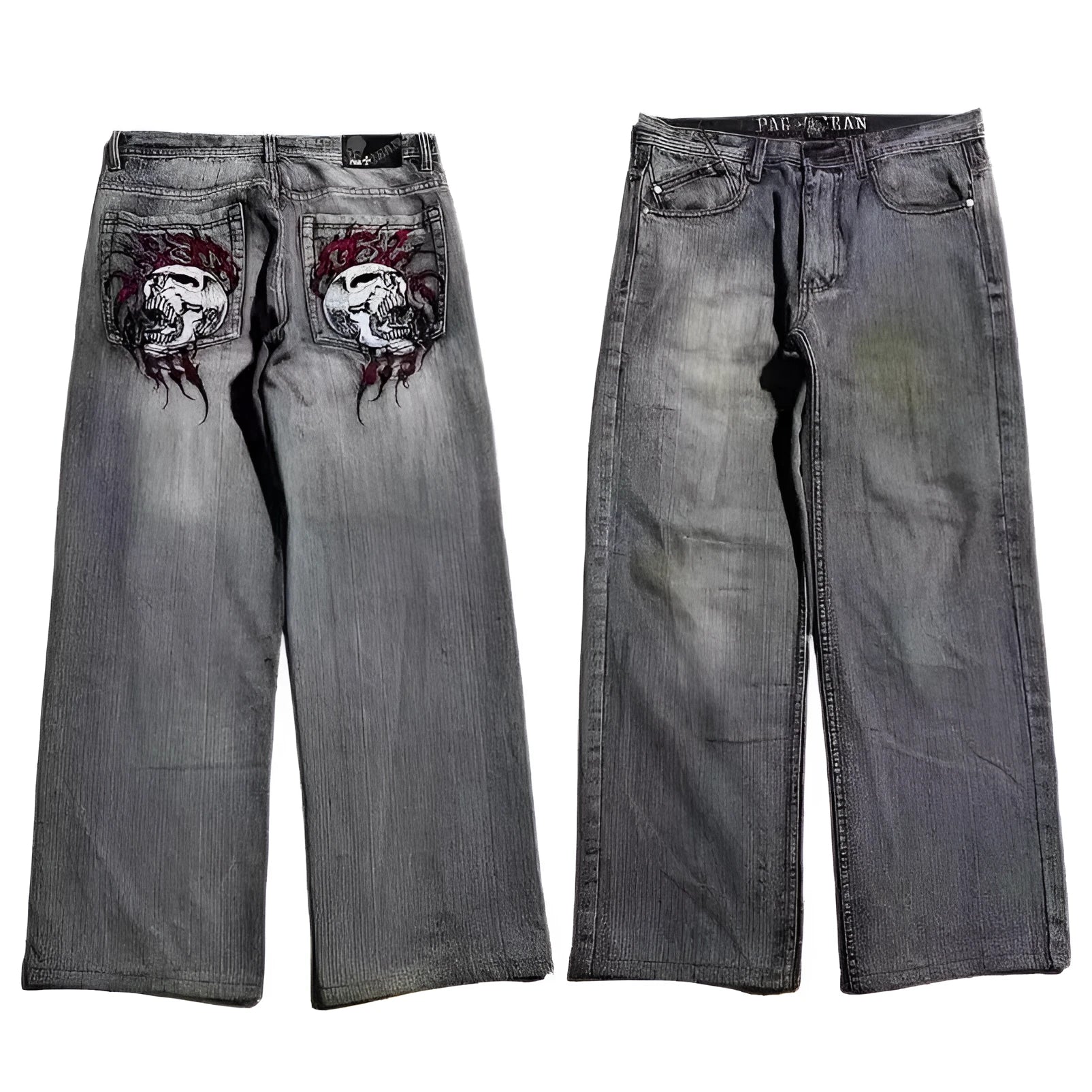 Men's gray American retro washed-out wide-leg denim jeans with mid waist and straight leg cut