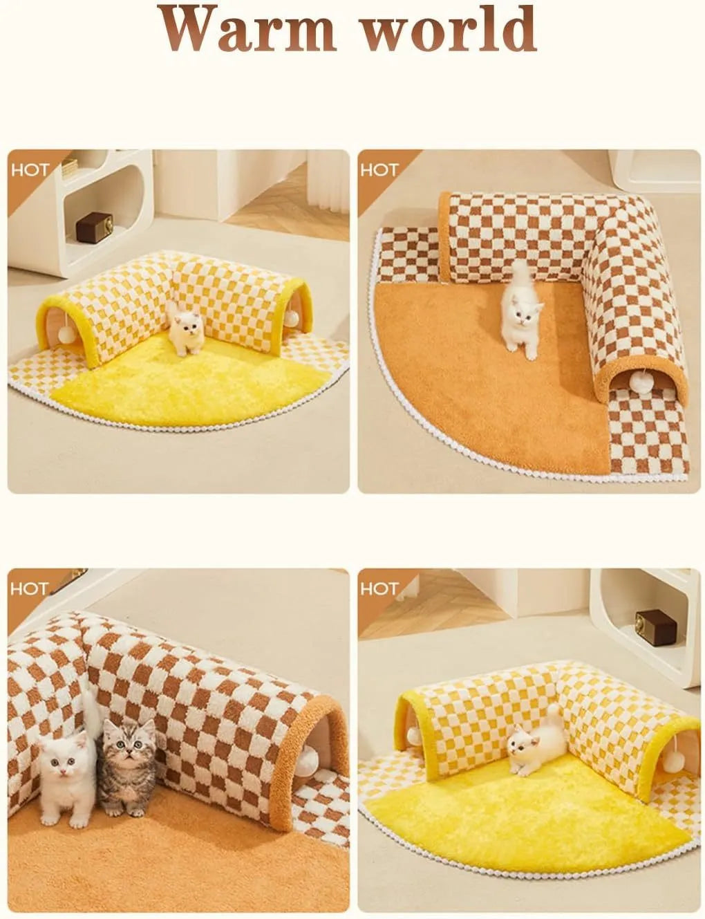 Brown plush plaid collapsible cat tunnel bed with central mat measuring 80x80x22cm