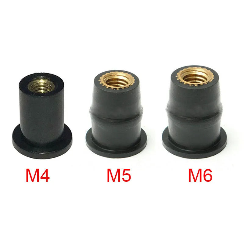 Motorcycle rubber brass nut expansion fasteners in black with M4 M5 M6 thread sizes