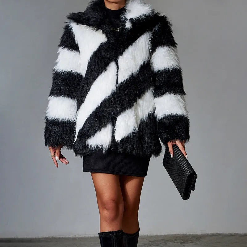 Women's minimalist faux fur coat with contrast color lapel and regular sleeves in picture color