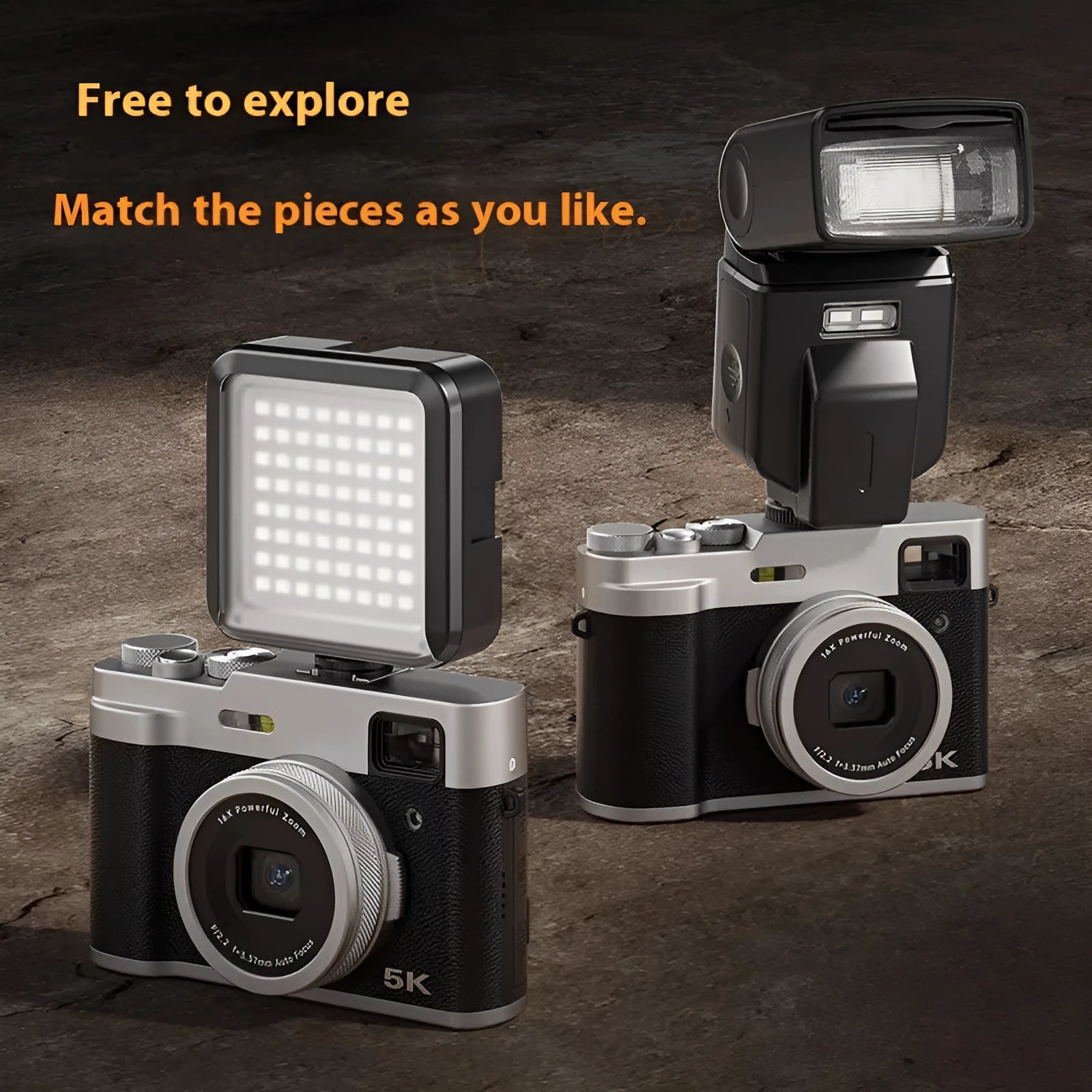 Black or brown 5K HD digital camera with front and rear lenses, optical viewfinder, and 2.88-inch screen.
