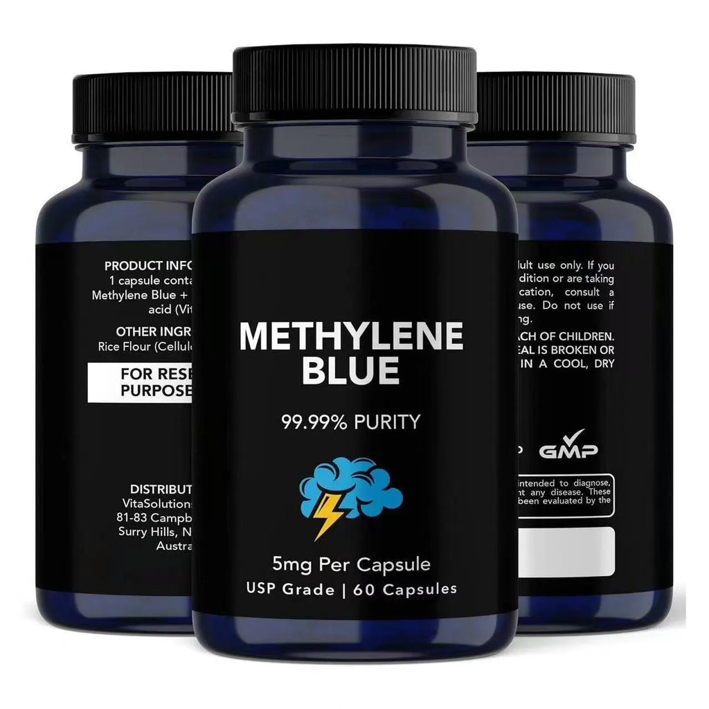 White bottle of Methylene Blue Capsules, 60 tablets, standard specification, hair oil category supplement.