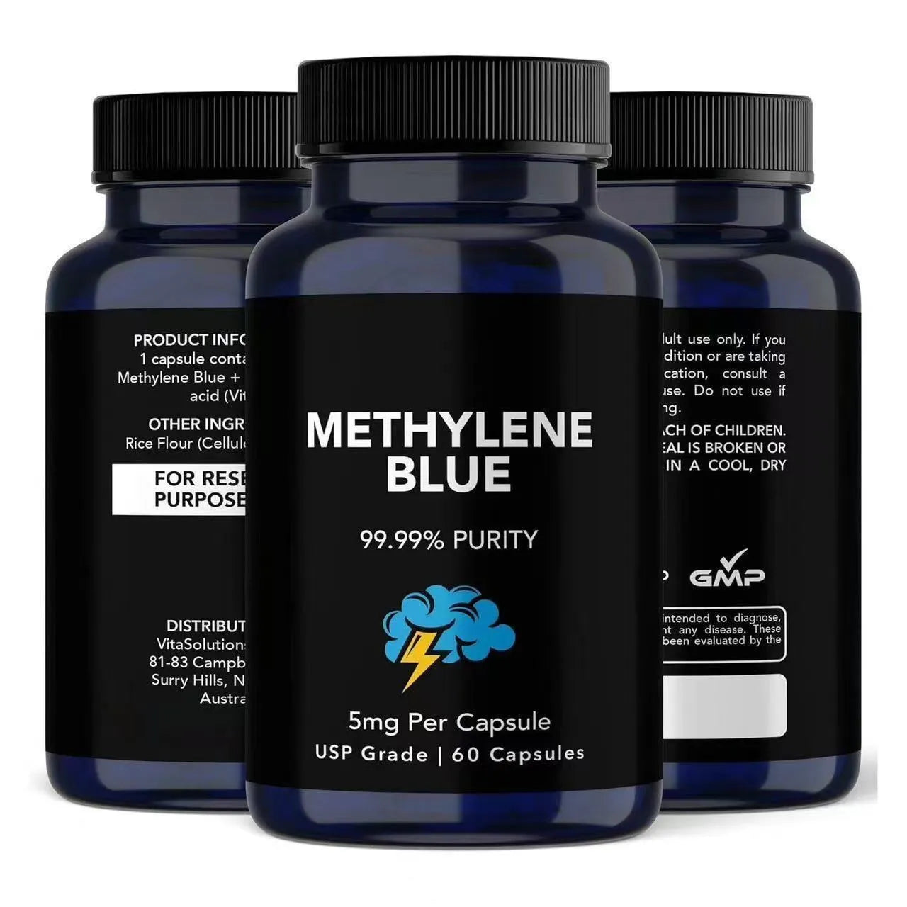 White bottle of Methylene Blue Capsules, 60 tablets, standard specification, hair oil category supplement.