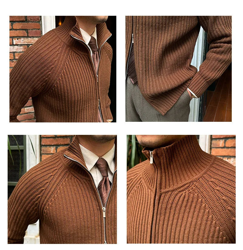 Men's stand-up collar cardigan retro slim fit cotton blend in grey, side view