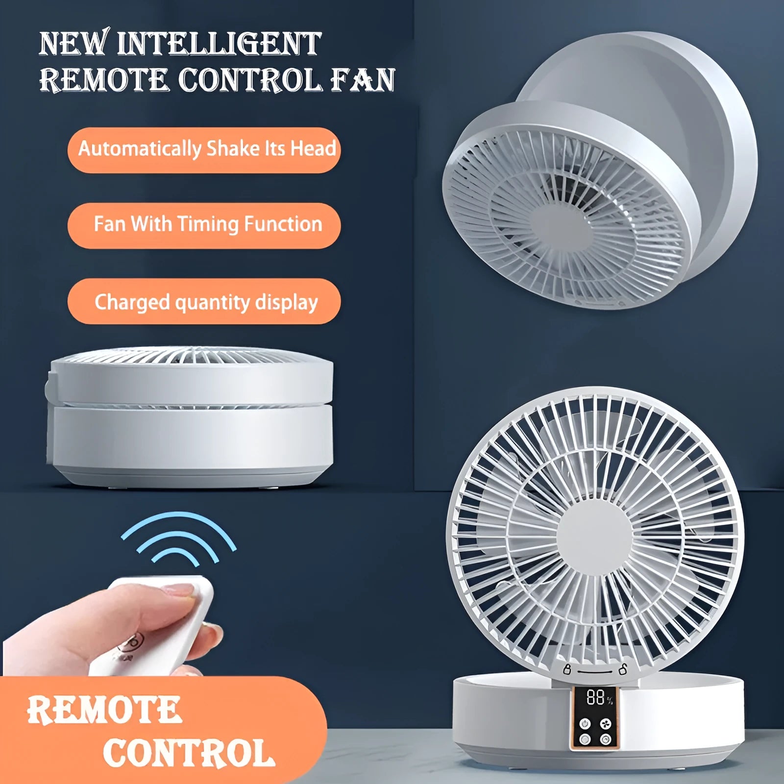 White portable USB folding desk fan with remote control and warm night light on a table.