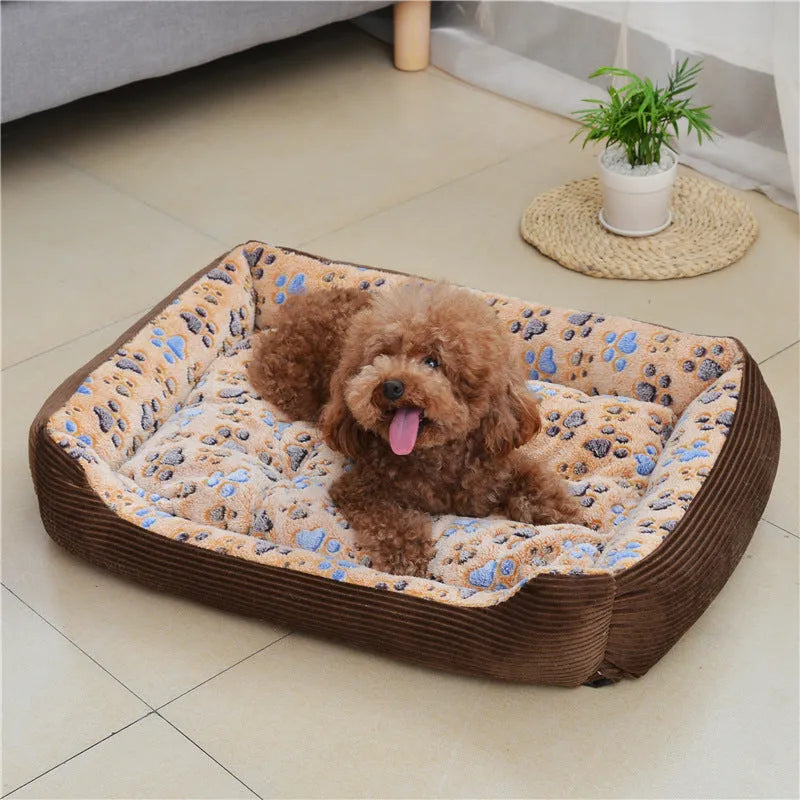 Beige plush dog bed with removable cover on a wooden floor, shown next to a small dog.