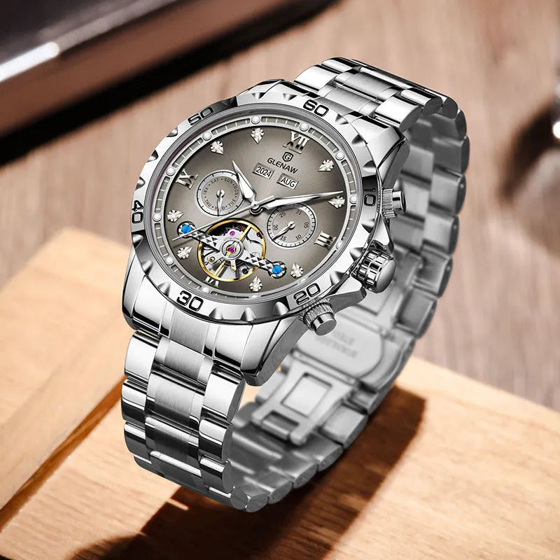 Men's automatic mechanical watch with metal case, stainless steel strap, and mineral glass face in business style