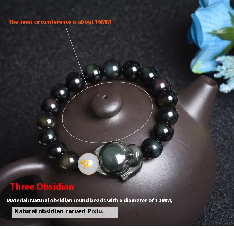 Natural obsidian zodiac guardian bracelet with 10mm beads on an adjustable cord.