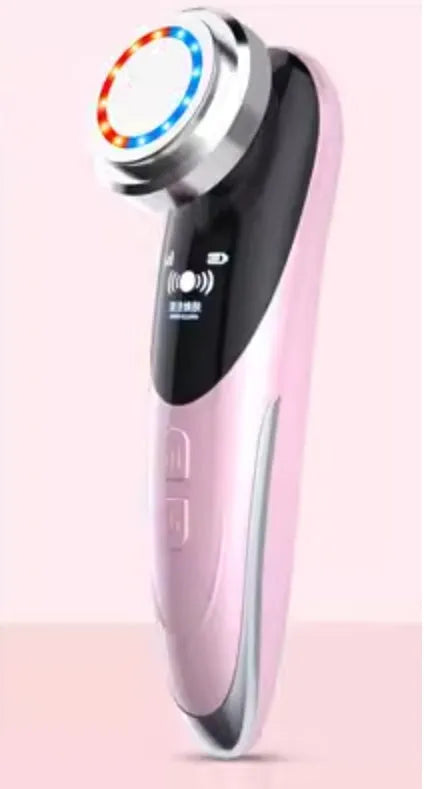 Beauty instrument cleanser in rose pink with three speed settings on white background