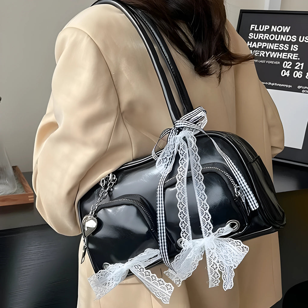 Beige PU casual shoulder bag with horizontal square shape and double shoulder straps