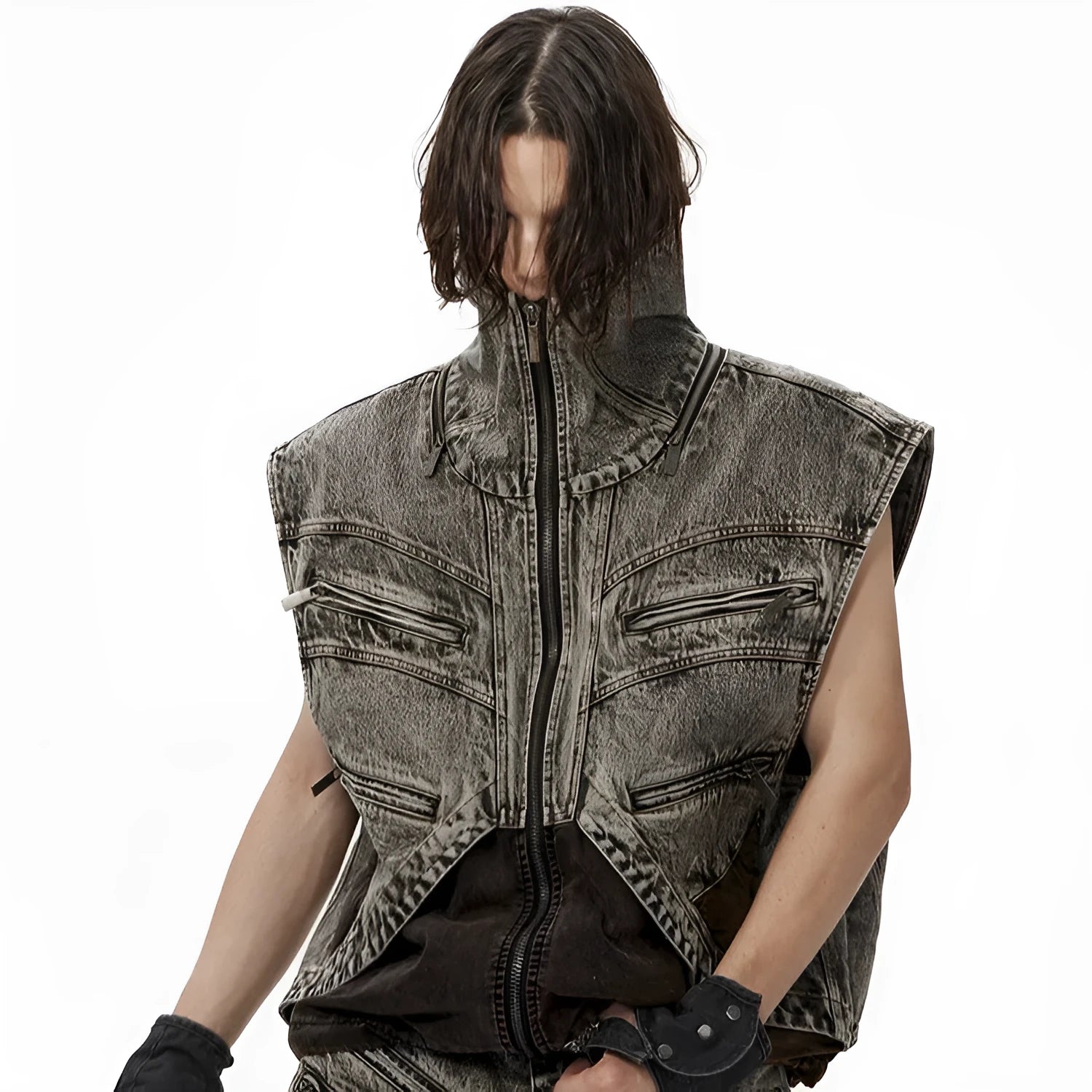 Men's blue denim vest jacket with front zipper and sleeveless design for summer wear