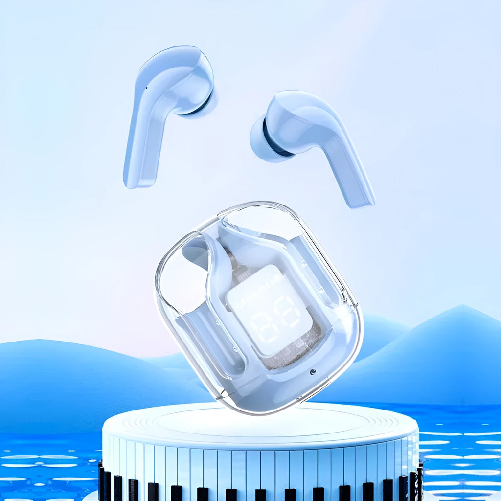 Transparent space capsule case containing true wireless Bluetooth earbuds with digital battery display