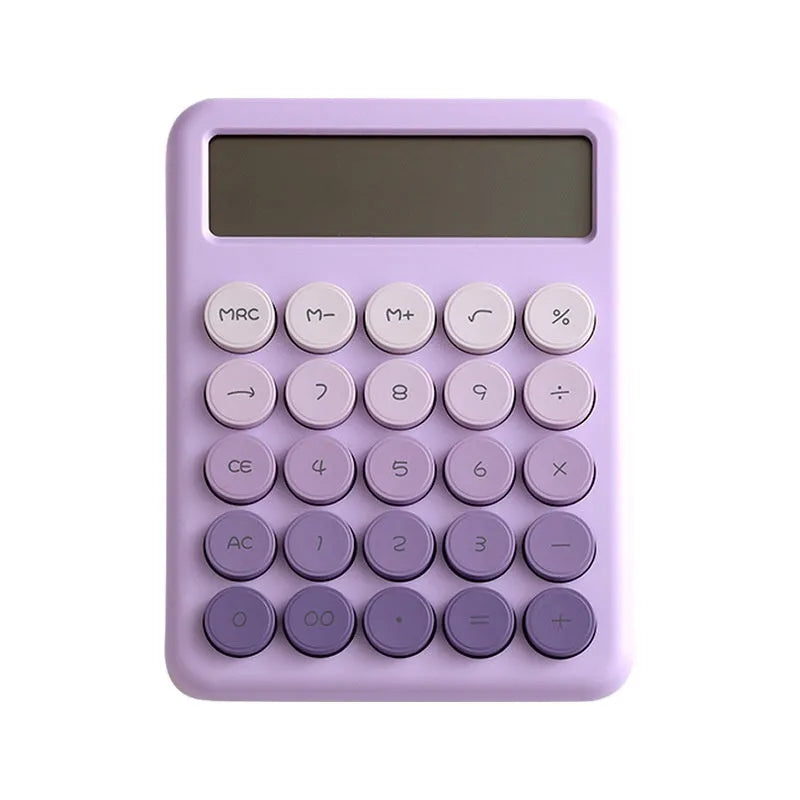 Vibrant gradient colour desktop calculator on a desk, shown in violet, pink, blue and green colour options.