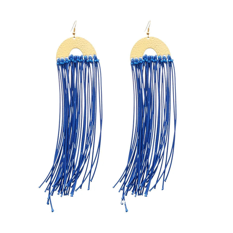 Geometric women's earrings with cloth base and silver needle-blue resin flower accents in 30# colour