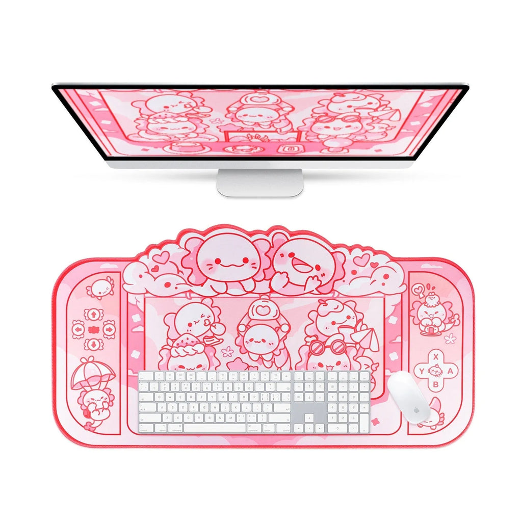 Hexagonal Dragon Crane Machine cartoon anime design on a large 75x40cm cloth mouse pad with wrist rest.